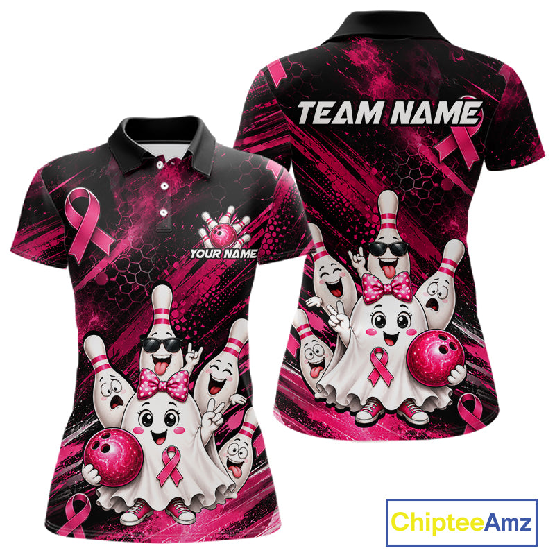 Custom Pink Funny Ghost Halloween Bowling Jersey for Women, Breast Cancer Bowling Team Shirts HNT557