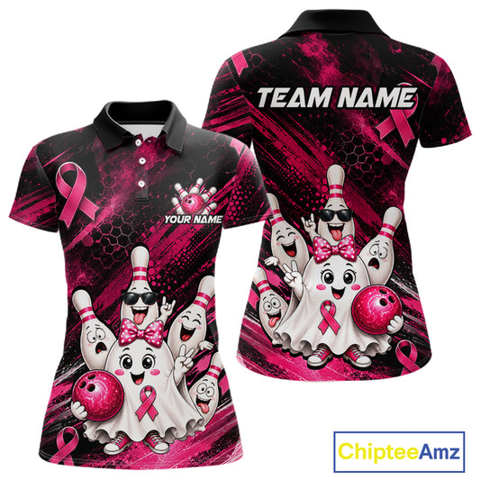 Custom Pink Funny Ghost Halloween Bowling Jersey for Women, Breast Cancer Bowling Team Shirts HNT557