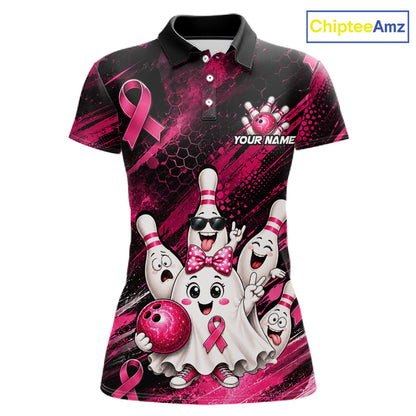 Custom Pink Funny Ghost Halloween Bowling Jersey for Women, Breast Cancer Bowling Team Shirts HNT557