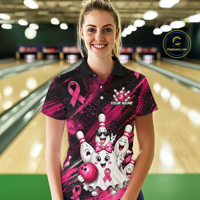 Custom Pink Funny Ghost Halloween Bowling Jersey for Women, Breast Cancer Bowling Team Shirts HNT557
