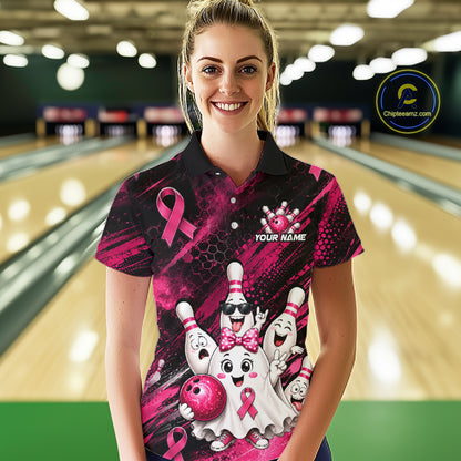 Custom Pink Funny Ghost Halloween Bowling Jersey for Women, Breast Cancer Bowling Team Shirts HNT557