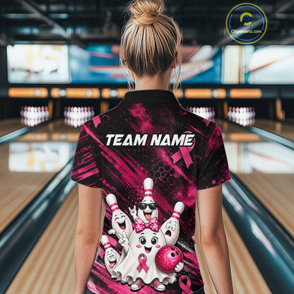 Custom Pink Funny Ghost Halloween Bowling Jersey for Women, Breast Cancer Bowling Team Shirts HNT557