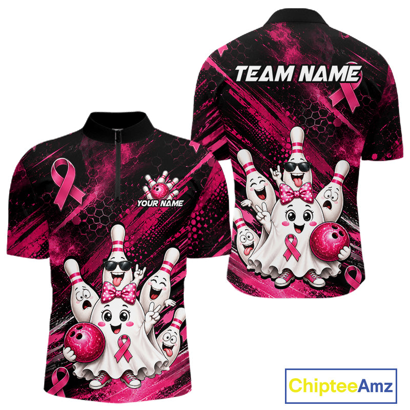 Custom Pink Funny Ghost Halloween Bowling Jersey for Men, Breast Cancer Bowling Team Shirts HNT557