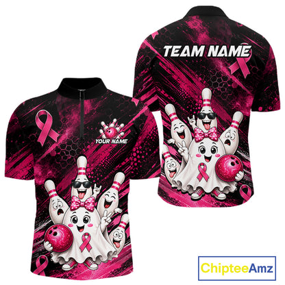 Custom Pink Funny Ghost Halloween Bowling Jersey for Men, Breast Cancer Bowling Team Shirts HNT557