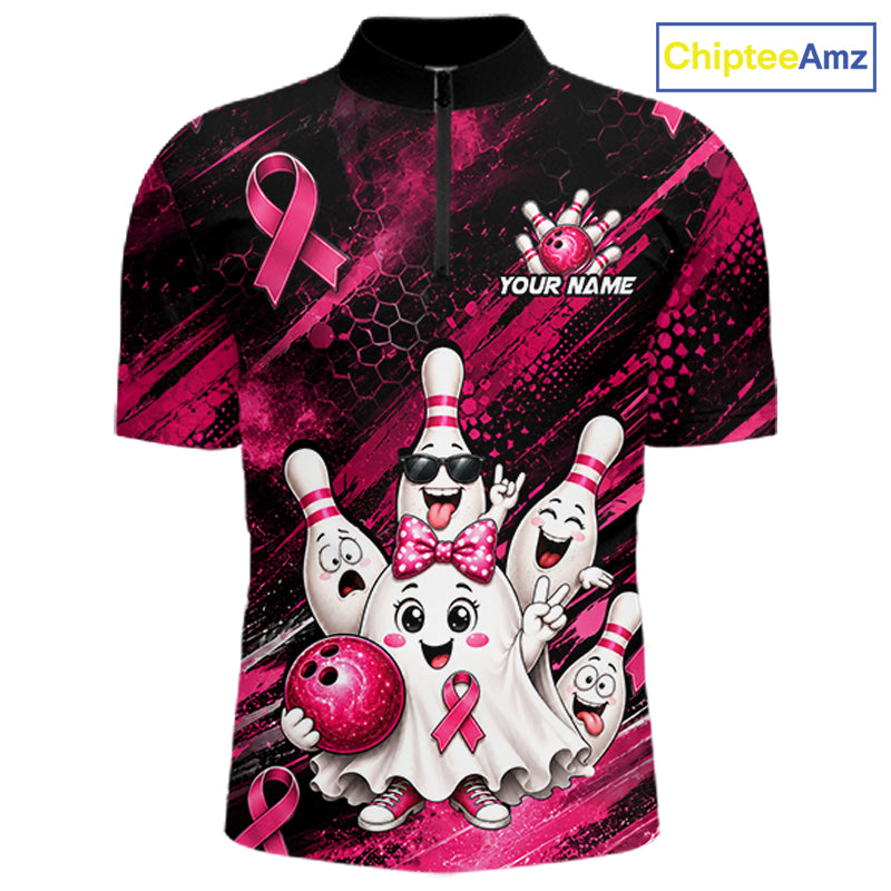 Custom Pink Funny Ghost Halloween Bowling Jersey for Men, Breast Cancer Bowling Team Shirts HNT557