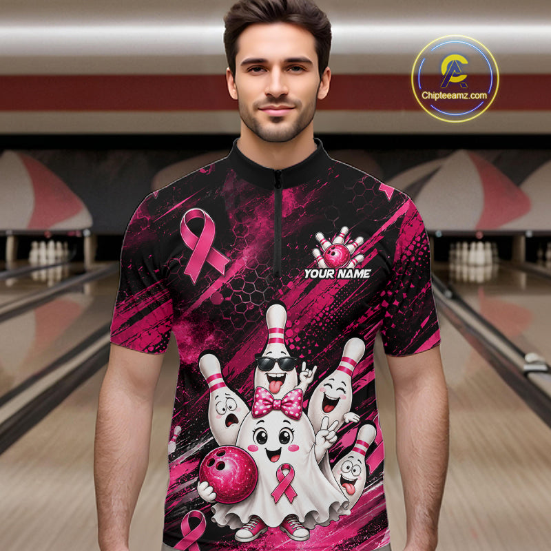Custom Pink Funny Ghost Halloween Bowling Jersey for Men, Breast Cancer Bowling Team Shirts HNT557