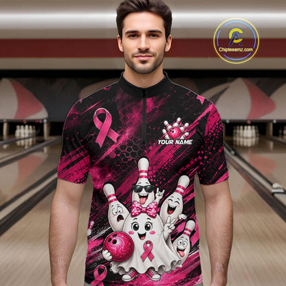 Custom Pink Funny Ghost Halloween Bowling Jersey for Men, Breast Cancer Bowling Team Shirts HNT557