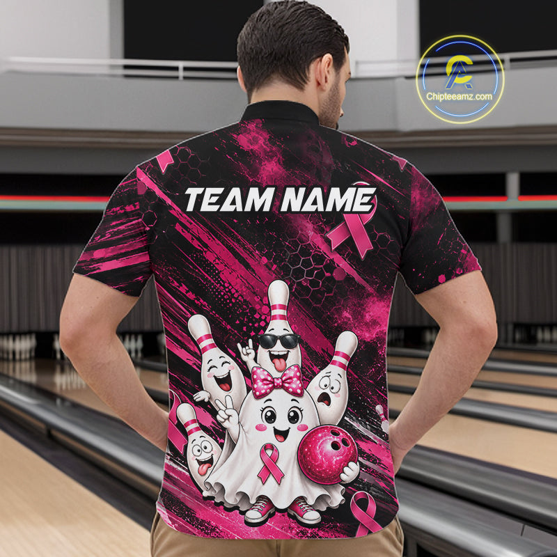 Custom Pink Funny Ghost Halloween Bowling Jersey for Men, Breast Cancer Bowling Team Shirts HNT557
