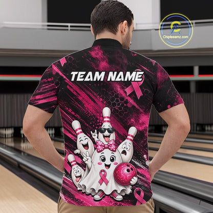 Custom Pink Funny Ghost Halloween Bowling Jersey for Men, Breast Cancer Bowling Team Shirts HNT557