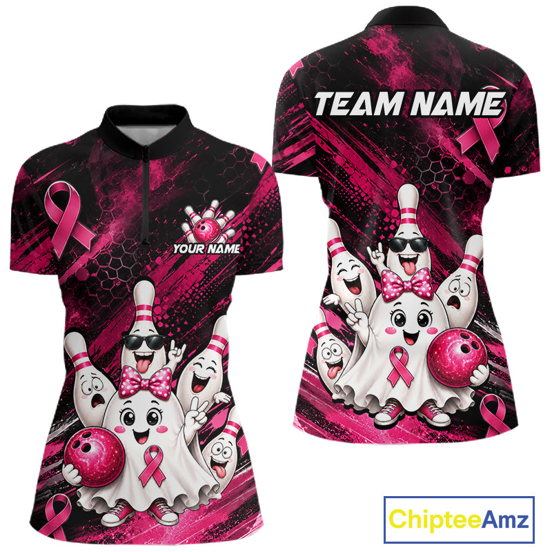 Custom Pink Funny Ghost Halloween Bowling Jersey for Women, Breast Cancer Bowling Team Shirts HNT557