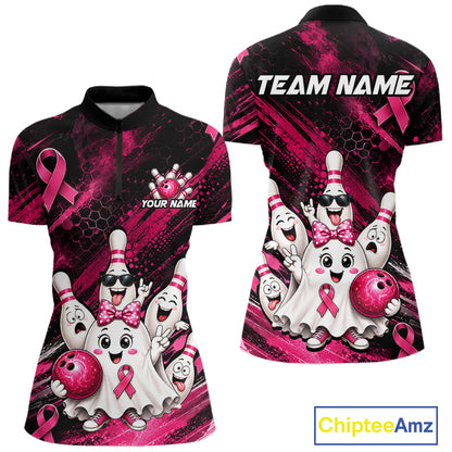 Custom Pink Funny Ghost Halloween Bowling Jersey for Women, Breast Cancer Bowling Team Shirts HNT557