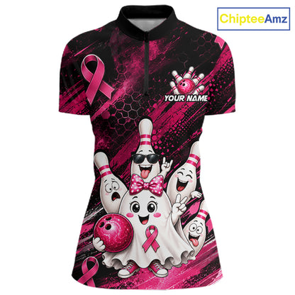 Custom Pink Funny Ghost Halloween Bowling Jersey for Women, Breast Cancer Bowling Team Shirts HNT557