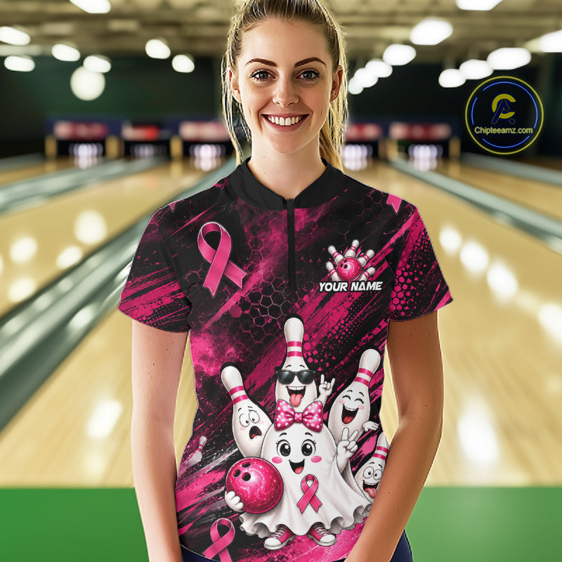 Custom Pink Funny Ghost Halloween Bowling Jersey for Women, Breast Cancer Bowling Team Shirts HNT557