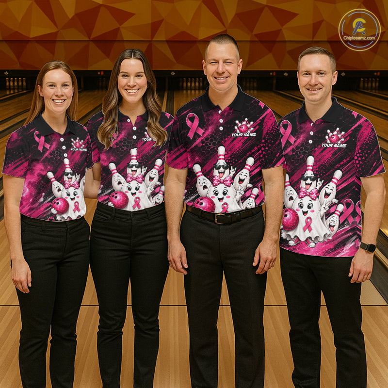 Custom Pink Funny Ghost Halloween Bowling Jersey for Men, Breast Cancer Bowling Team Shirts HNT557