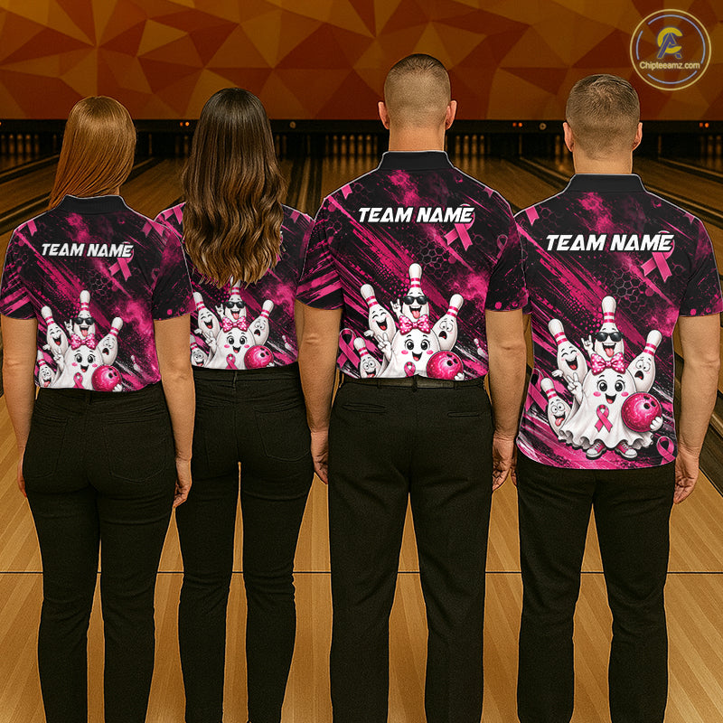 Custom Pink Funny Ghost Halloween Bowling Jersey for Women, Breast Cancer Bowling Team Shirts HNT557