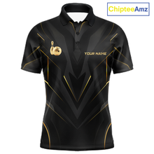 Load image into Gallery viewer, Front views of a sleek black bowling polo shirt with gold geometric accents, featuring custom “YOUR NAME” text alongside metallic gold bowling pin graphics.