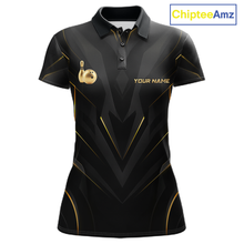 Load image into Gallery viewer, Front views of a sleek black bowling polo shirt with gold geometric accents, featuring custom “YOUR NAME” text alongside metallic gold bowling pin graphics.