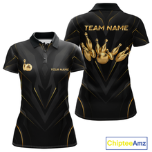 Load image into Gallery viewer, Front and back views of a sleek black bowling polo shirt with gold geometric accents, featuring custom “TEAM NAME” and “YOUR NAME” text alongside metallic gold bowling pin graphics.