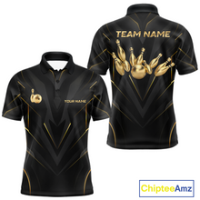 Load image into Gallery viewer, Front and back views of a sleek black bowling polo shirt with gold geometric accents, featuring custom “TEAM NAME” and “YOUR NAME” text alongside metallic gold bowling pin graphics.