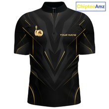 Load image into Gallery viewer, Front views of a sleek black bowling quarter zip shirt with gold geometric accents, featuring custom “YOUR NAME” text alongside metallic gold bowling pin graphics.