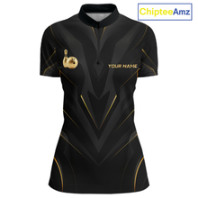 Load image into Gallery viewer, Front views of a sleek black bowling quarter zip shirt with gold geometric accents, featuring custom “YOUR NAME” text alongside metallic gold bowling pin graphics.