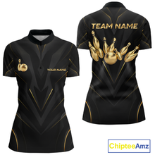 Load image into Gallery viewer, Front and back views of a sleek black bowling quarter zip shirt with gold geometric accents, featuring custom “TEAM NAME” and “YOUR NAME” text alongside metallic gold bowling pin graphics.