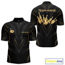Load image into Gallery viewer, Front and back views of a sleek black bowling quarter zip shirt with gold geometric accents, featuring custom “TEAM NAME” and “YOUR NAME” text alongside metallic gold bowling pin graphics.