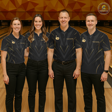 Load image into Gallery viewer, Four people in matching bowling alley uniforms standing on a bowling lane.