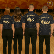 Load image into Gallery viewer, Four people wearing bowling team shirts with 'Team Name' on a bowling alley.