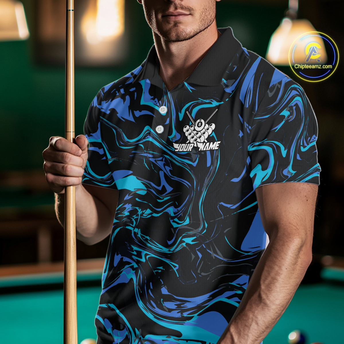 Man wearing a black billiards polo with teal and turquoise marble swirls, a custom chest name logo, and a pool table in the background.