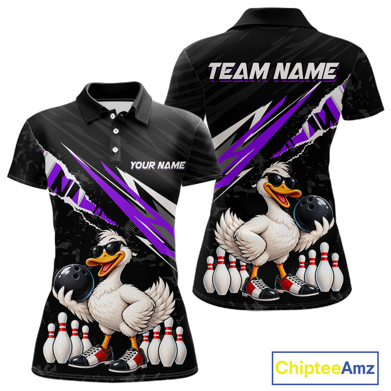 Custom Purple Funny Duck Bowling Jersey for Women, Duck Bowling Team Shirts Bowling League HNT688