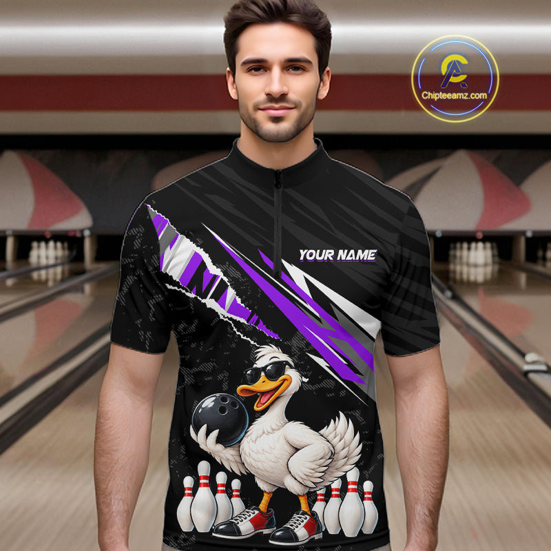 Custom Purple Funny Duck Bowling Jersey for Men, Duck Bowling Team Shirts Bowling League HNT688
