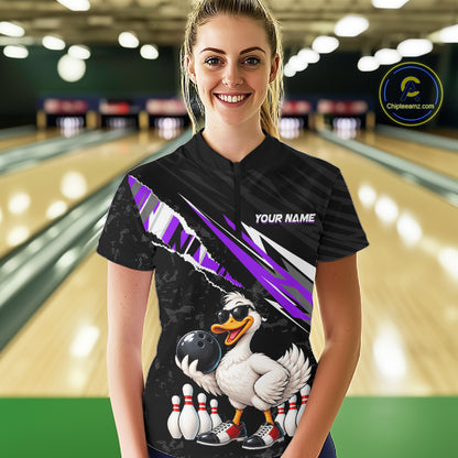 Custom Purple Funny Duck Bowling Jersey for Women, Duck Bowling Team Shirts Bowling League HNT688