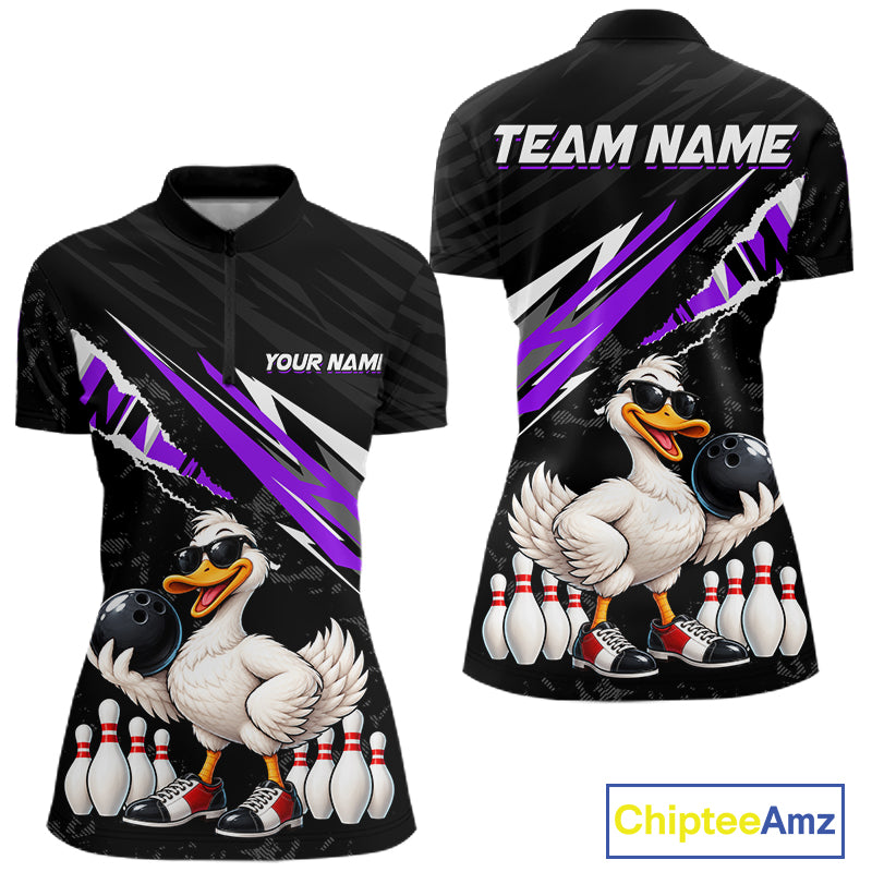 Custom Purple Funny Duck Bowling Jersey for Women, Duck Bowling Team Shirts Bowling League HNT688