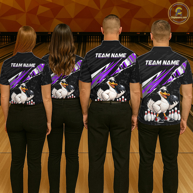 Custom Purple Funny Duck Bowling Jersey for Men, Duck Bowling Team Shirts Bowling League HNT688