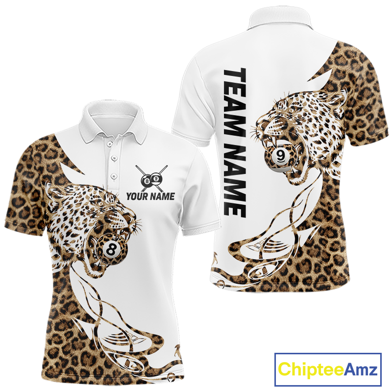 Front and back views of a white billiards polo with leopard-print panels, a roaring leopard graphic, custom team text, and 8-ball and 9-ball details.