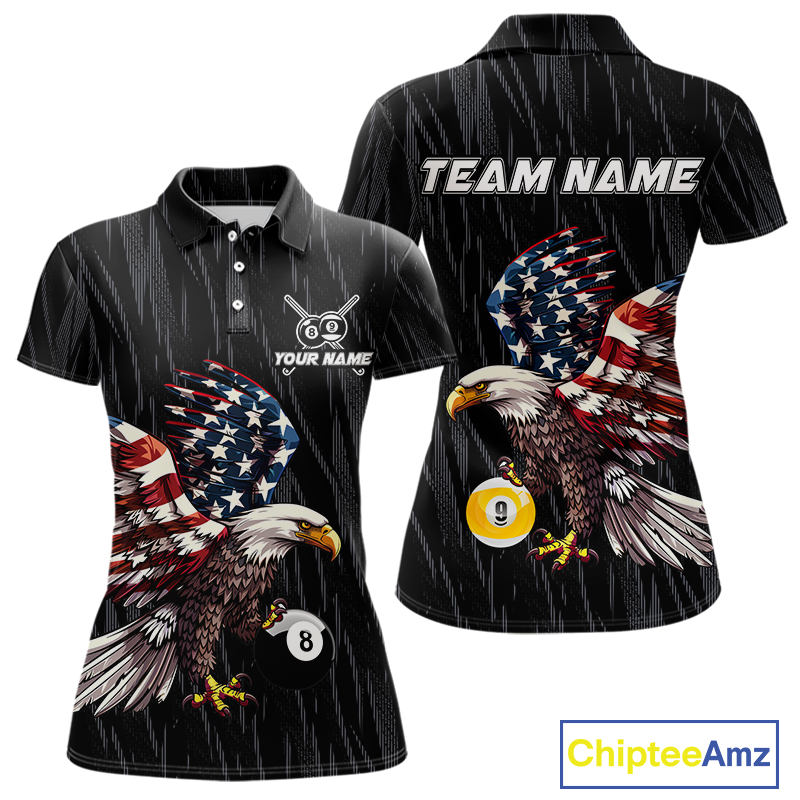 Front and back views of a black billiards polo with a distressed American flag eagle pattern and large 8-ball and 9-ball graphics.