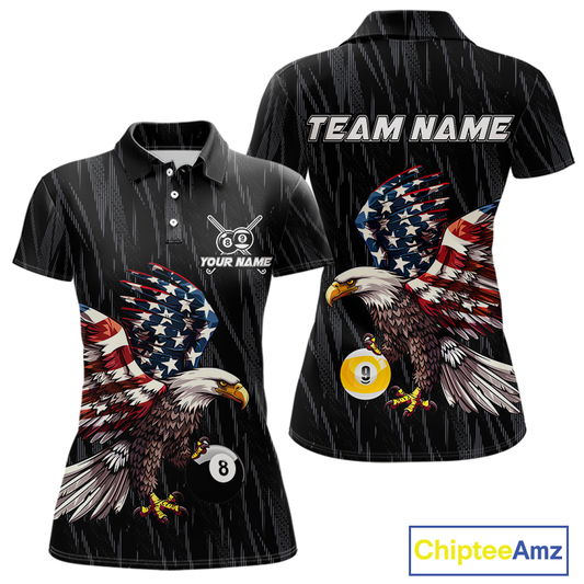 Front and back views of a black billiards polo with a distressed American flag eagle pattern and large 8-ball and 9-ball graphics.