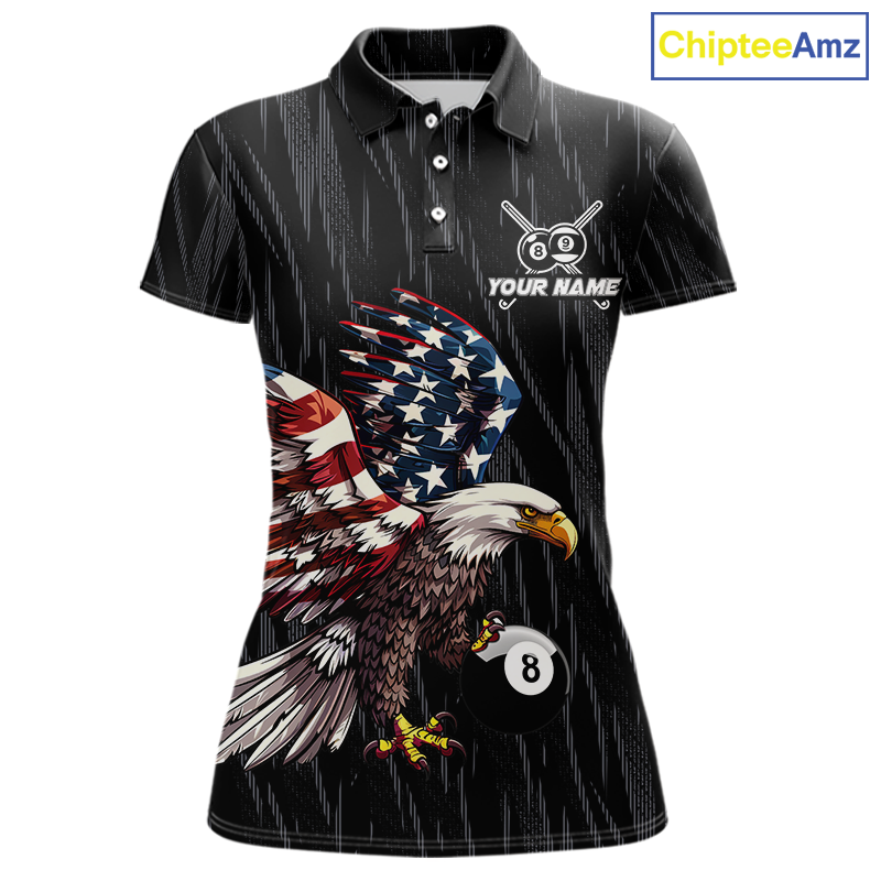 Black polo billiard shirt with American flag eagle 8 ball design and customizable text on a white background