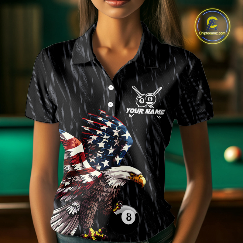 Women polo billiard shirt with American flag eagle 8 ball design and customizable text on a white background