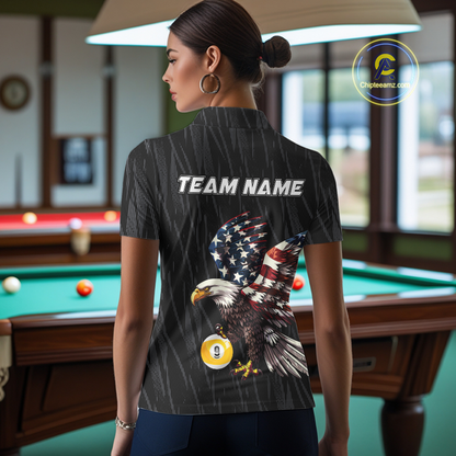 Women polo billiard shirt with American flag eagle 9 ball design and customizable text on a white background