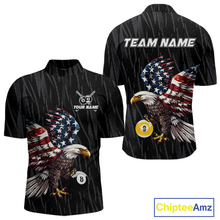 Load image into Gallery viewer, Front and back views of a black billiards quarter zip with a distressed American flag eagle pattern and large 8-ball and 9-ball graphics.