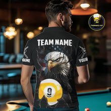 Load image into Gallery viewer, Man wearing a black shirt with an american flag eagle 9 ball and pool ball design, standing in a bar.