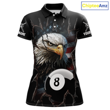 Load image into Gallery viewer, Front views of a black billiards polo featuring a bald eagle graphic, cracked flag background, and large 8-ball designs.