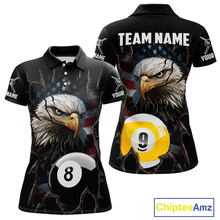 Load image into Gallery viewer, Front and back views of a black billiards polo featuring a bald eagle graphic, cracked flag background, and large 8-ball and 9-ball designs.