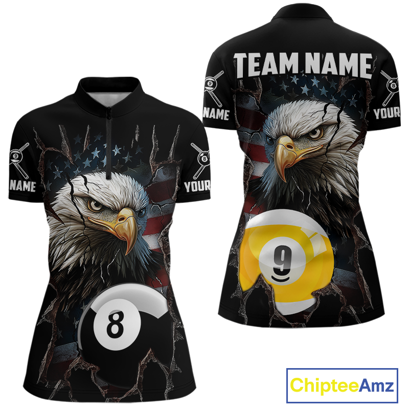 Front and back views of a black billiards quarter zip featuring a bald eagle graphic, cracked flag background, and large 8-ball and 9-ball designs.