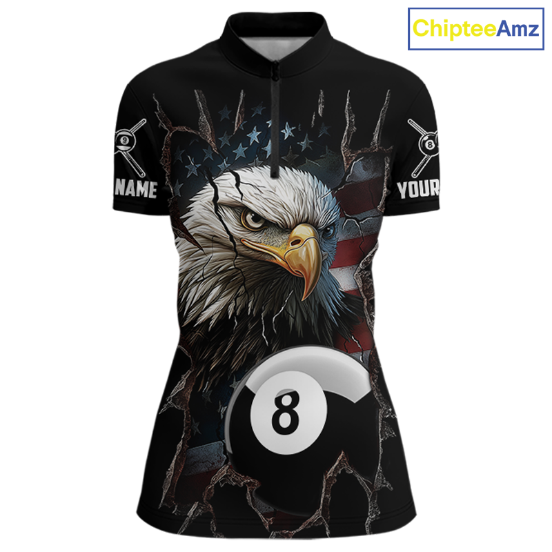 Front views of a black billiards quarter zip featuring a bald eagle graphic, cracked flag background, and large 8-ball designs.