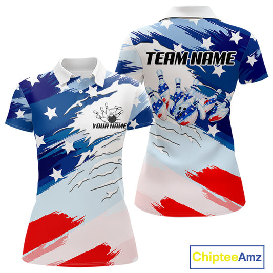 Custom American Flag Bowling Jersey for Women Bowling Team Shirts Patriotic Bowling League HNT460