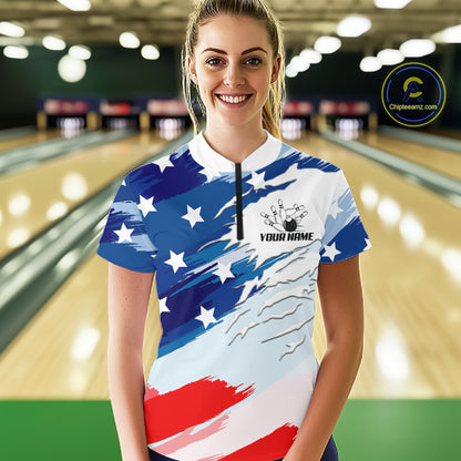 Custom American Flag Bowling Jersey for Women Bowling Team Shirts Patriotic Bowling League HNT460