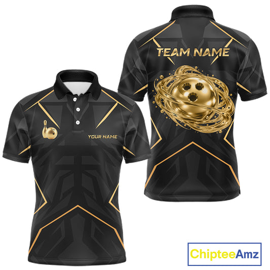 Black Gold Swirling Gold Rings Bowling Ball Custom Bowling Jersey for Men Bowling Team Shirts HNT696